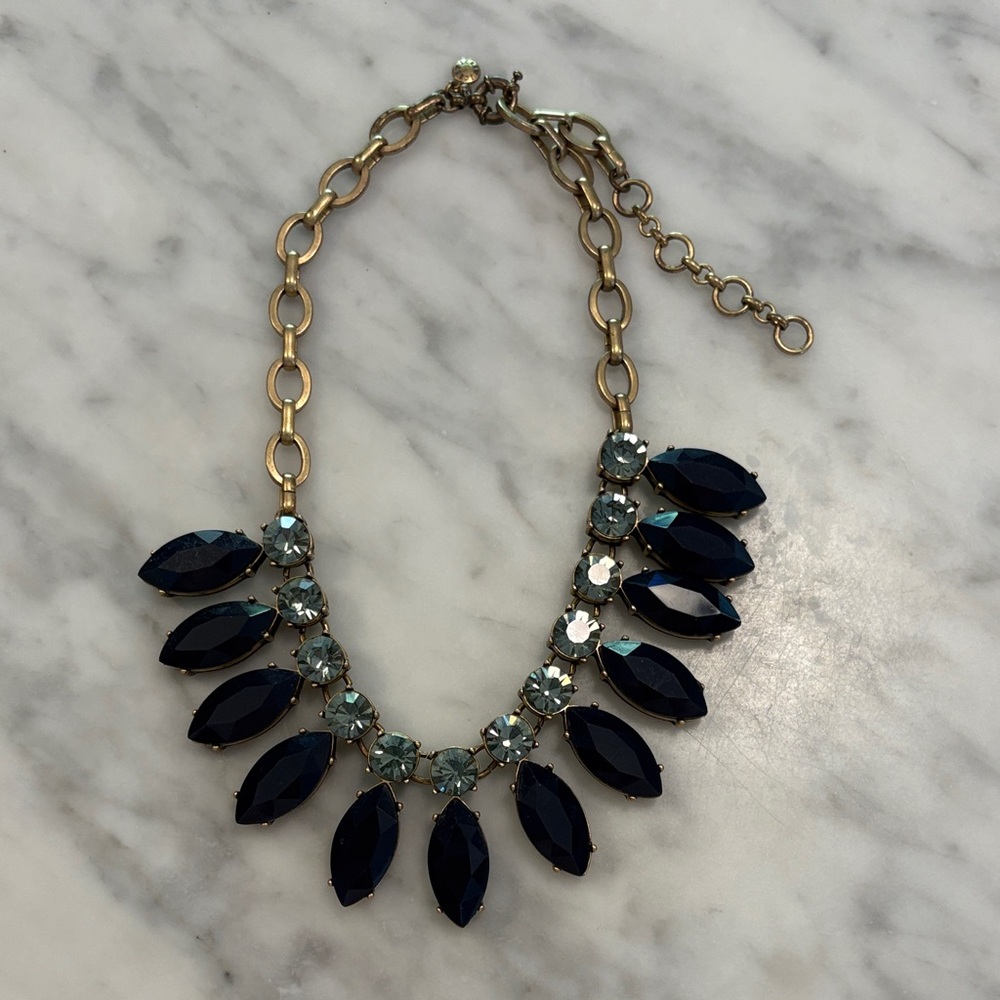 J Crew Gold Chain Navy and Light Blue Crystal Statement Necklace
